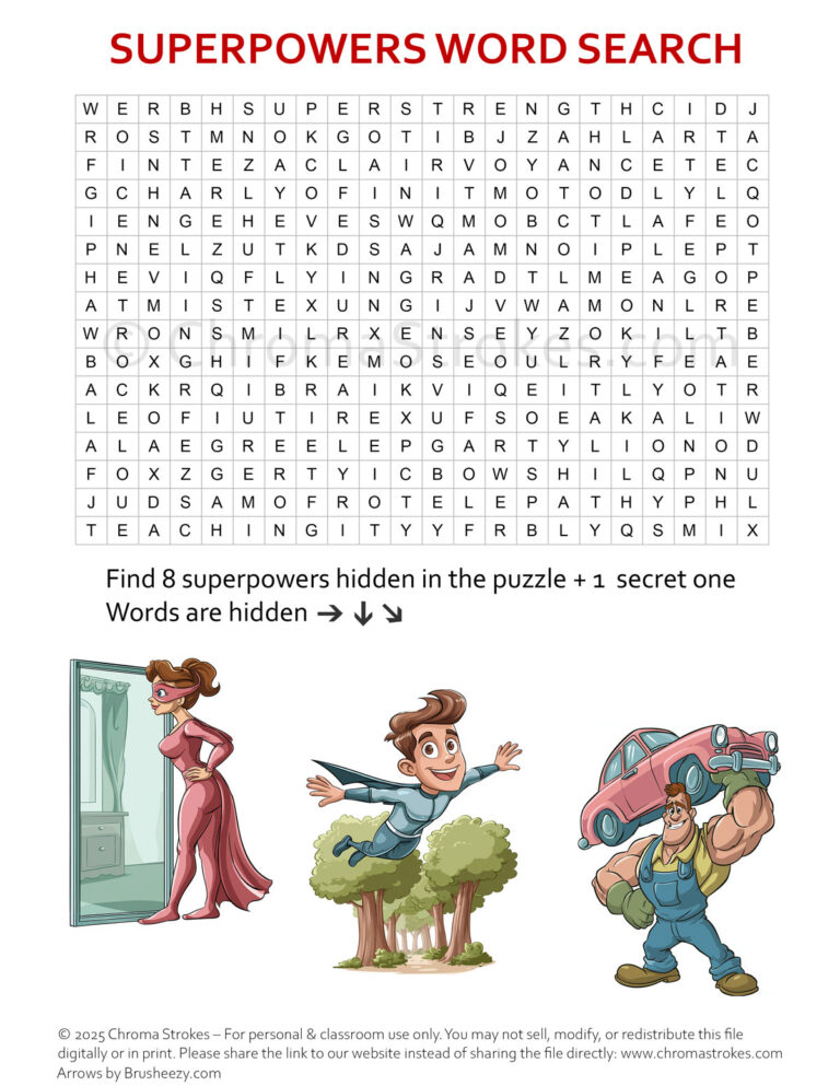 Superpowers wordsearch for kids