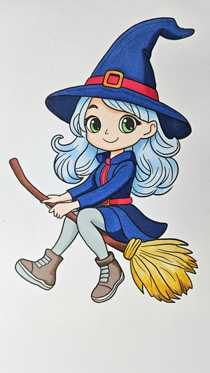 Colored example of a cute witch free coloring page for Halloween activities for kids