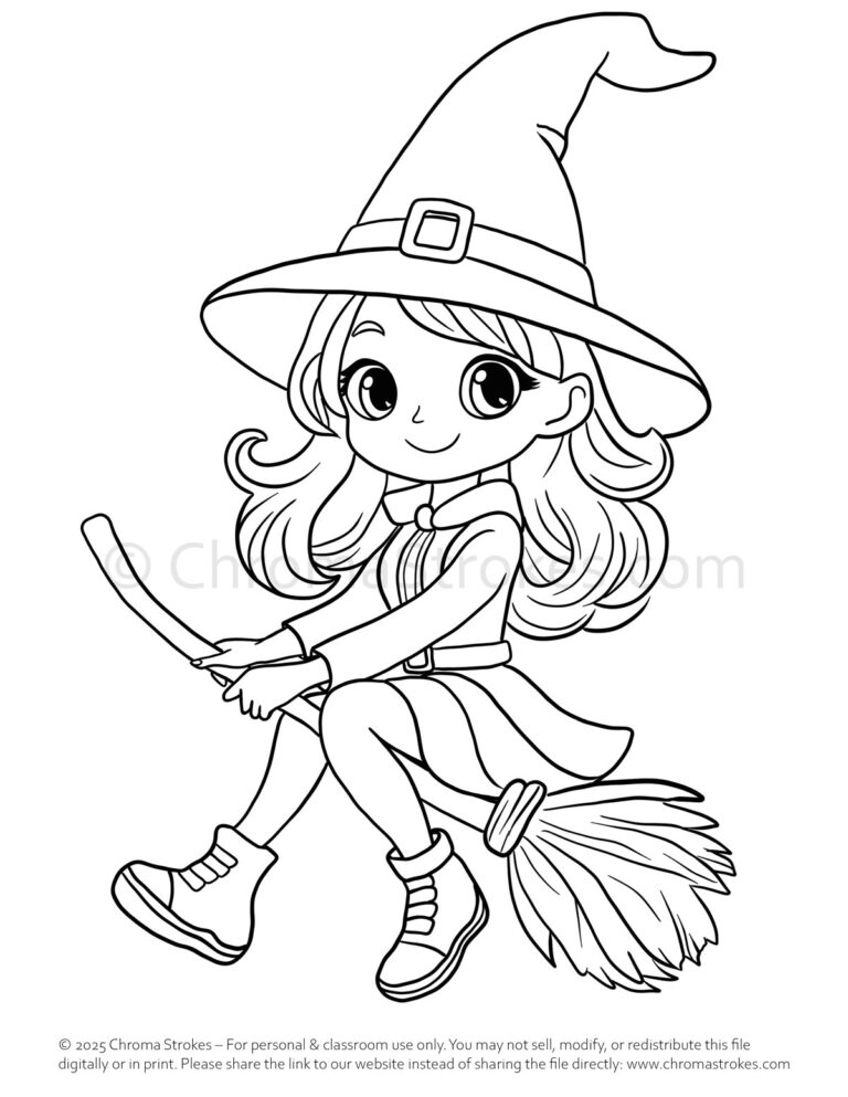 Cute witch free coloring page for Halloween activities for kids