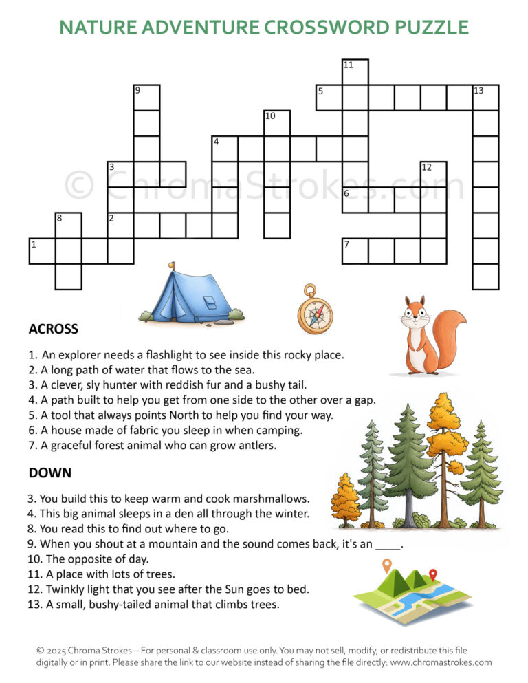 Nature adventure -crossword puzzle for kids