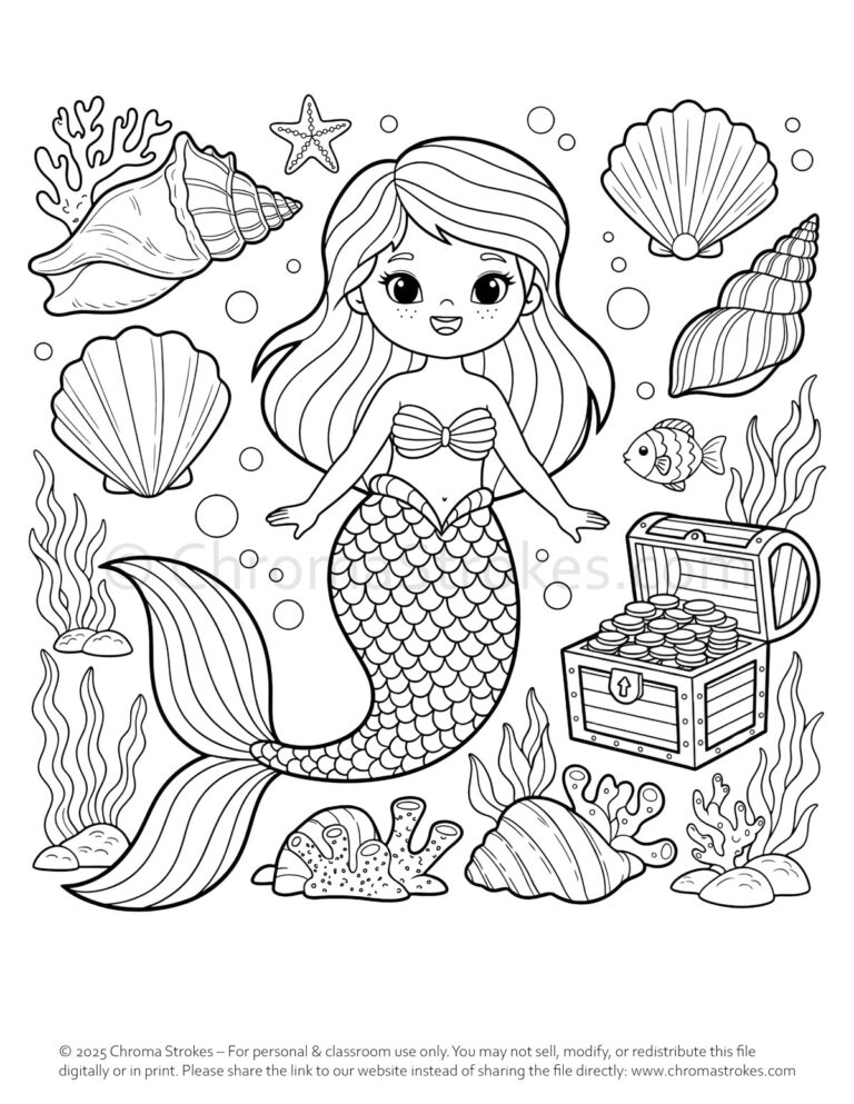 Free Mermaid Coloring Page with other sea treasures