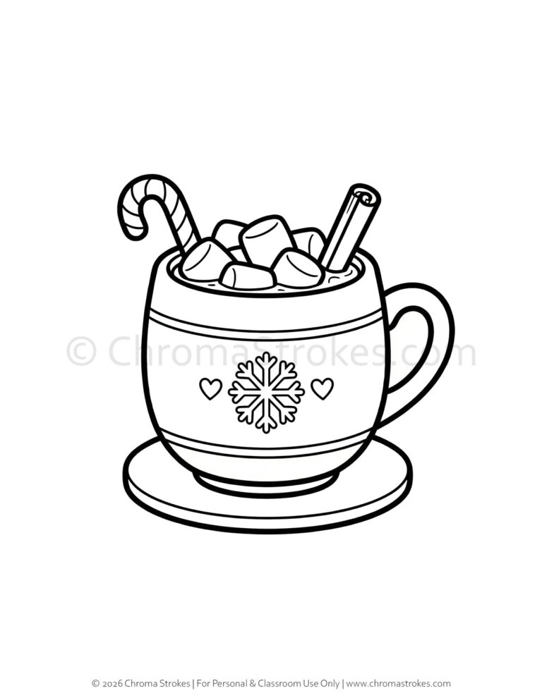 Hot Chocolate Coloring Page. Topped with marshmallows, a candy cane, and a cinnamon stick. Bold and easy winter coloring page.