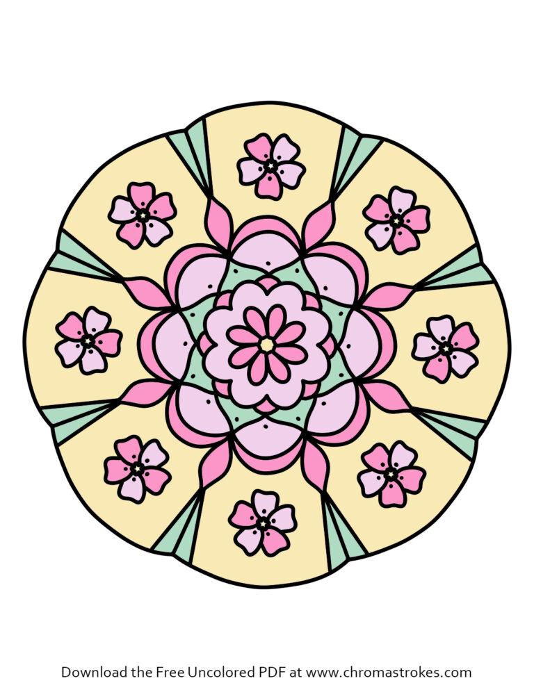A simple, black-and-white easy flower mandala coloring page featuring a central daisy surrounded by eight smaller blossoms inside a circular geometric border.