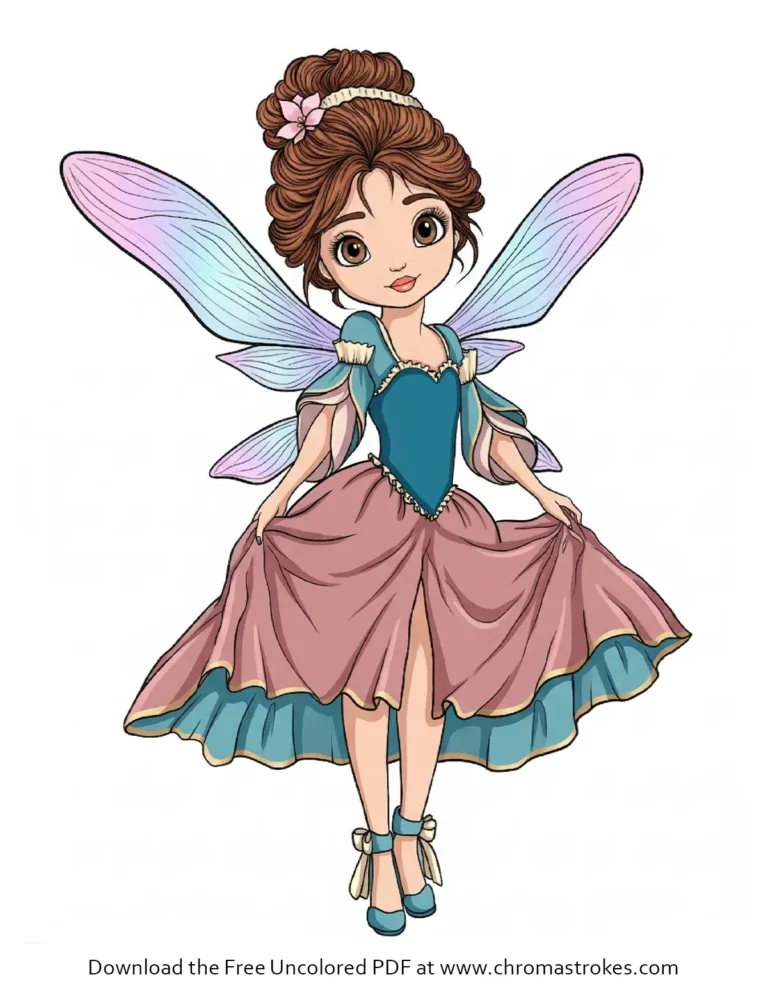 Fairy coloring page free download: A cute, wide-eyed fairy with elaborate hair bun and large wings, holding her ruffled dress.
