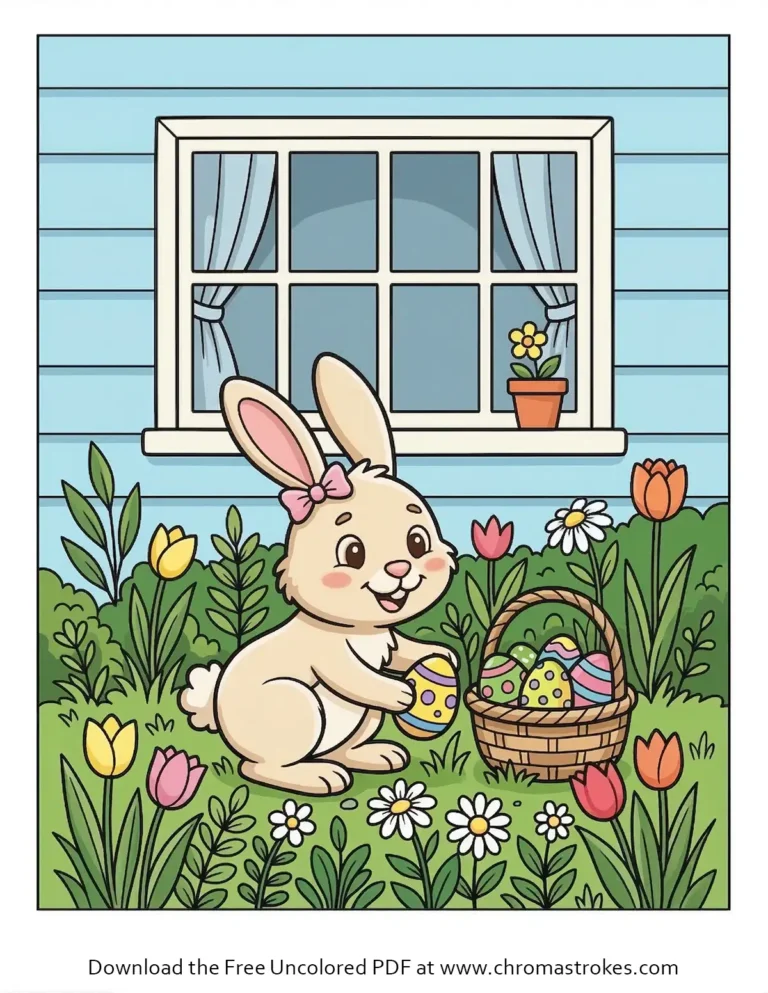easter coloring page featuring a cute bunny placing eggs in the basket in the garden near the house