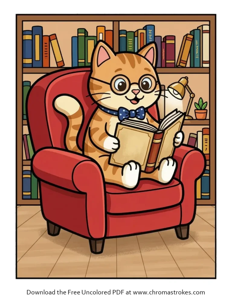 Smart cat sitting on a chair and reading a book, cat coloring page.