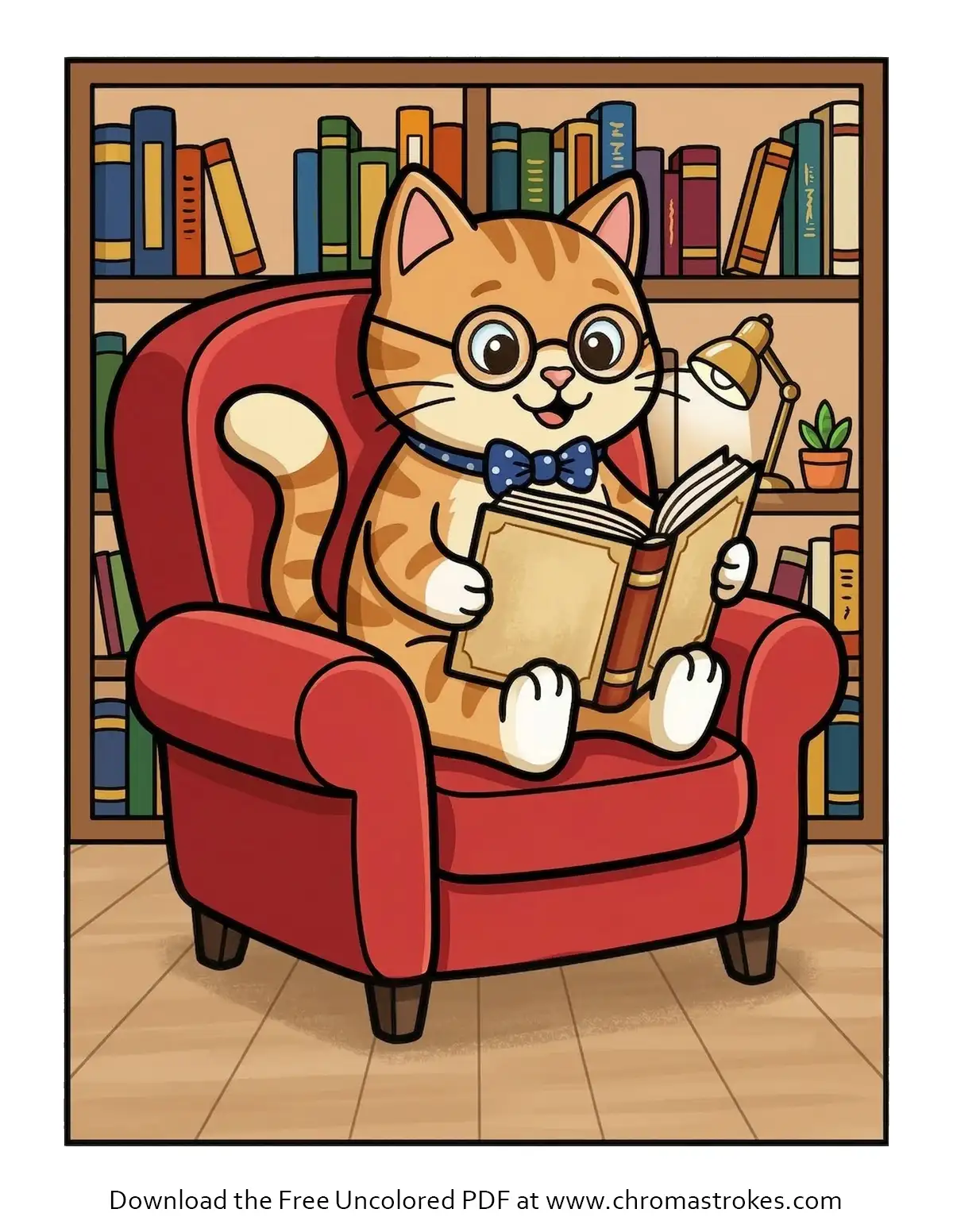 Smart Cat Reading a Book – Free Cat Coloring Page