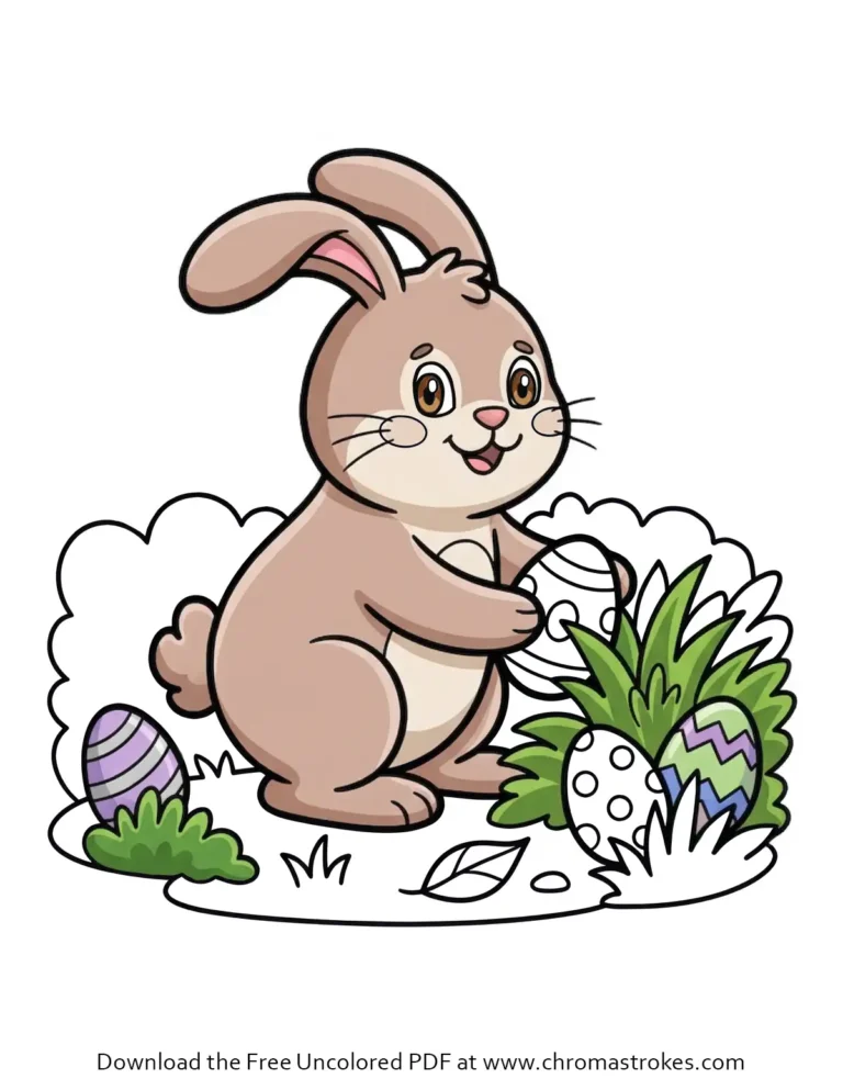 Cartoon illustration of a cute easter bunny placing patterned eggs in garden grass for a holiday coloring page