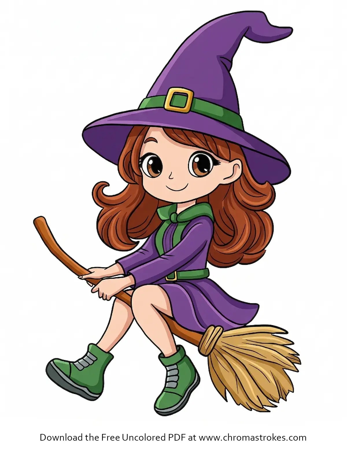 Cute witch free coloring page for Halloween activities for kids featuring a young big-eyed witch on a broomstick