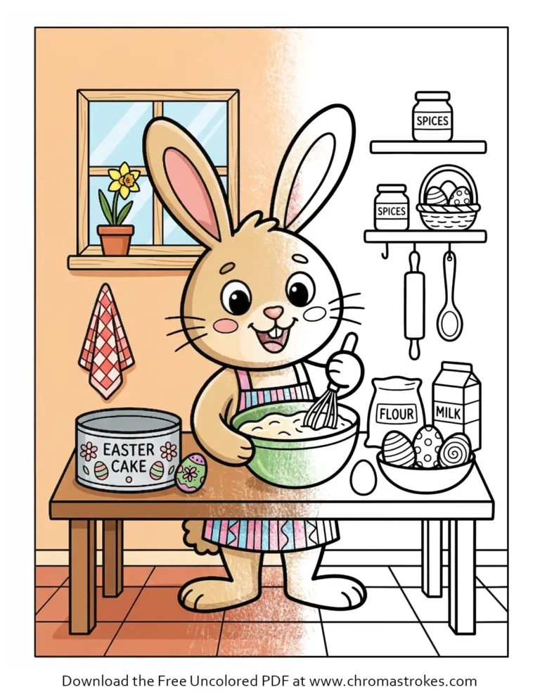 An easter bunny coloring page featuring a happy rabbit baking an Easter cake in a kitchen with flour and eggs.