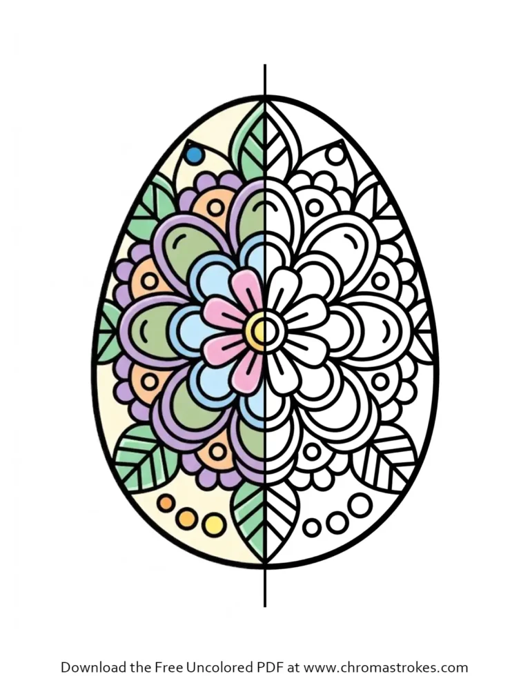Coloring page of a floral easter egg with intricate flowers and leaf patterns