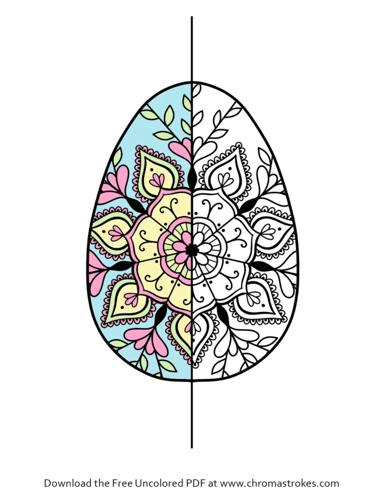 Detailed easter egg mandala coloring page featuring intricate floral patterns and spring botanical leaves for free download.