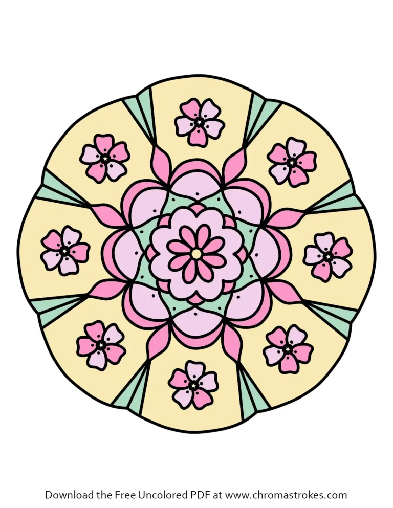 A simple, black-and-white easy flower mandala coloring page featuring a central daisy surrounded by eight smaller blossoms inside a circular geometric border.