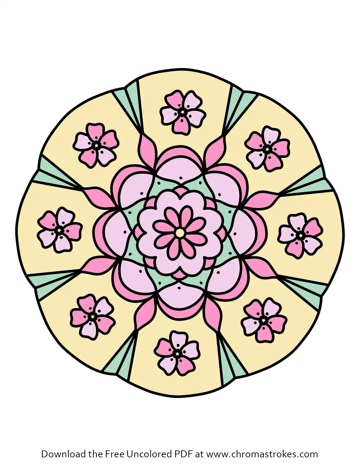A simple, black-and-white easy flower mandala coloring page featuring a central daisy surrounded by eight smaller blossoms inside a circular geometric border.