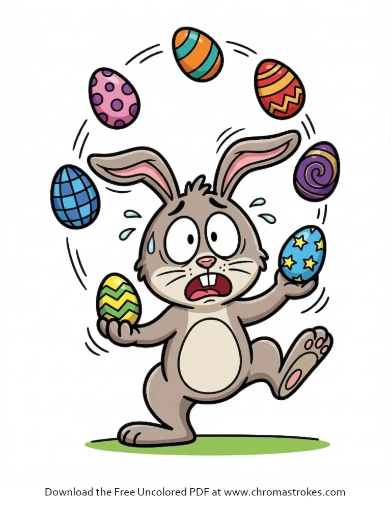 An easter coloring page of a funny panicked bunny juggling colorful patterned eggs.