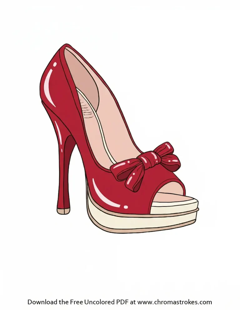Line art drawing of a high heel peep-toe shoe with a bow, a free shoe coloring page for kids and adults.