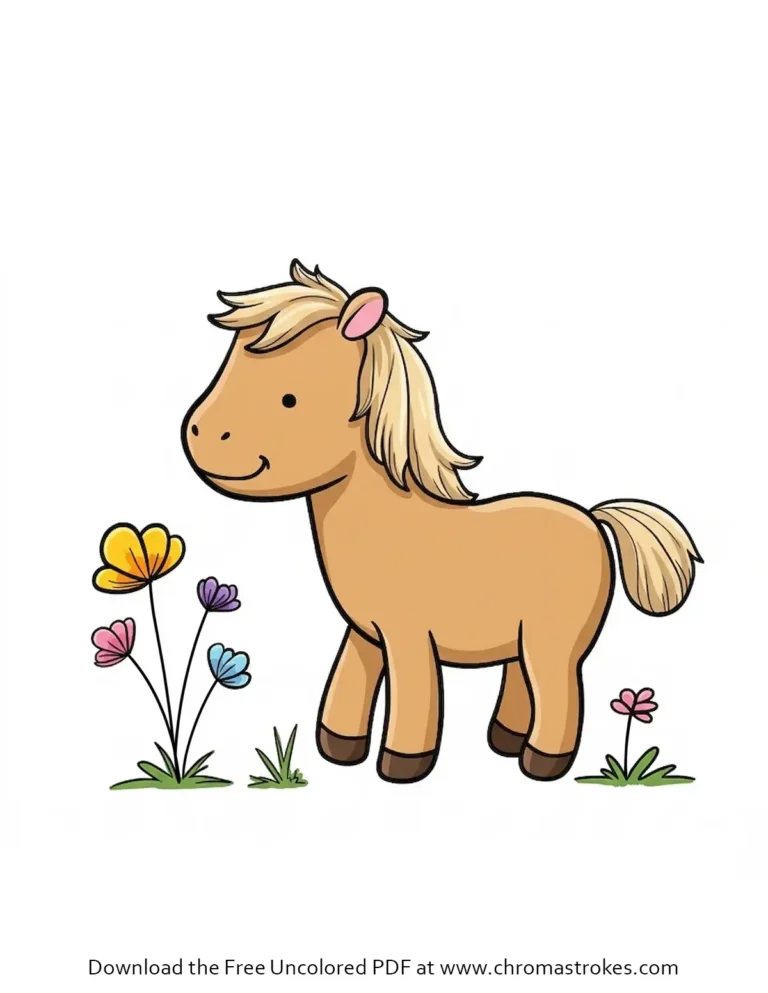 Free Horse Coloring Page for preschool kids featuring a cute horse and flowers
