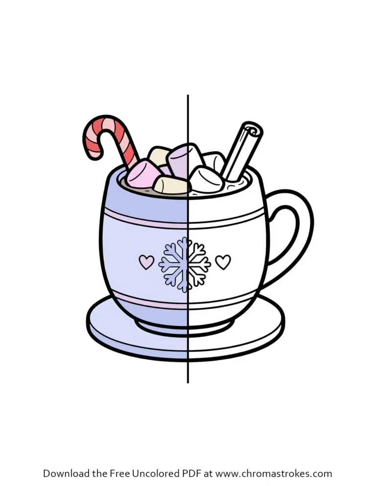 Hot Chocolate Coloring Page. Topped with marshmallows, a candy cane, and a cinnamon stick. Bold and easy winter coloring page.