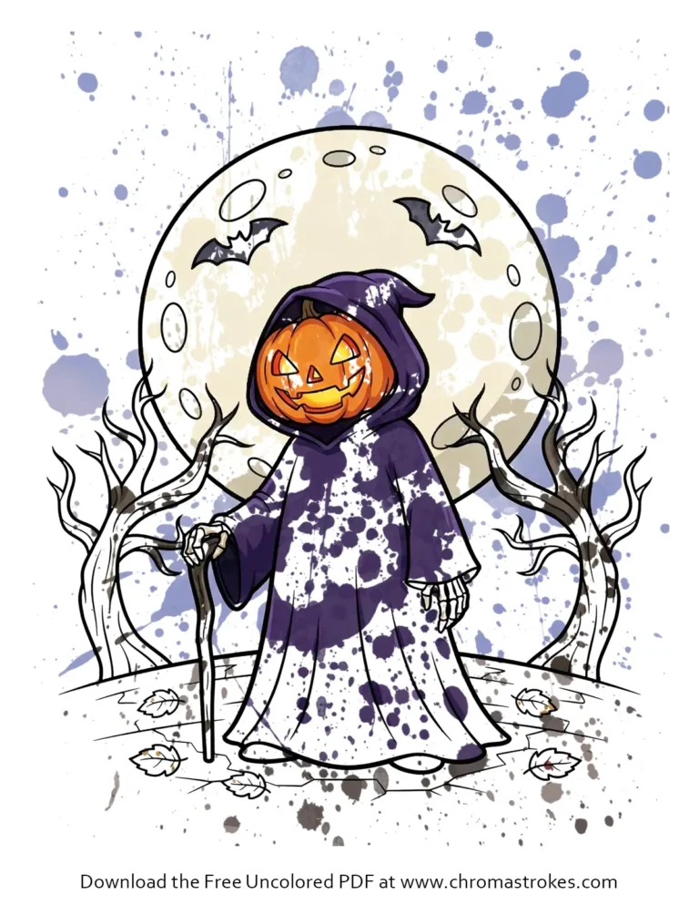 Free Jack-o-Lantern Coloring Page of a cloaked, skeletal pumpkin figure with a staff in front of a full moon.
