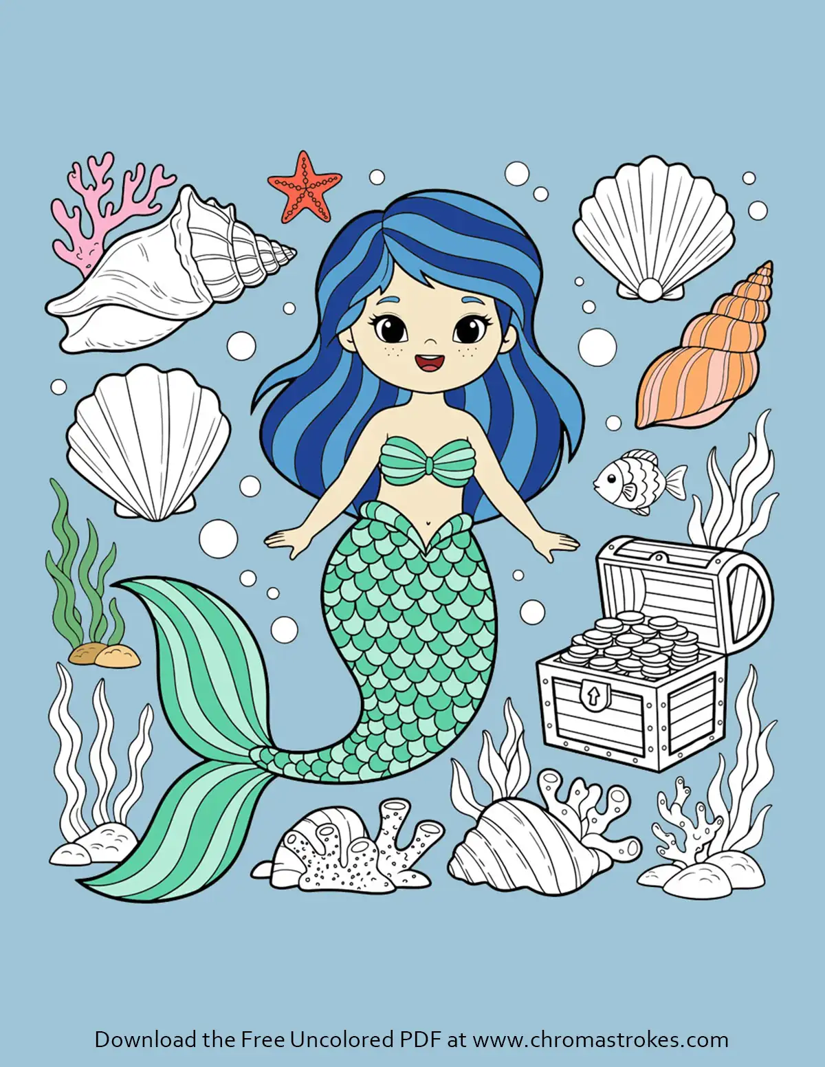 Free Mermaid Coloring Page with other sea treasures