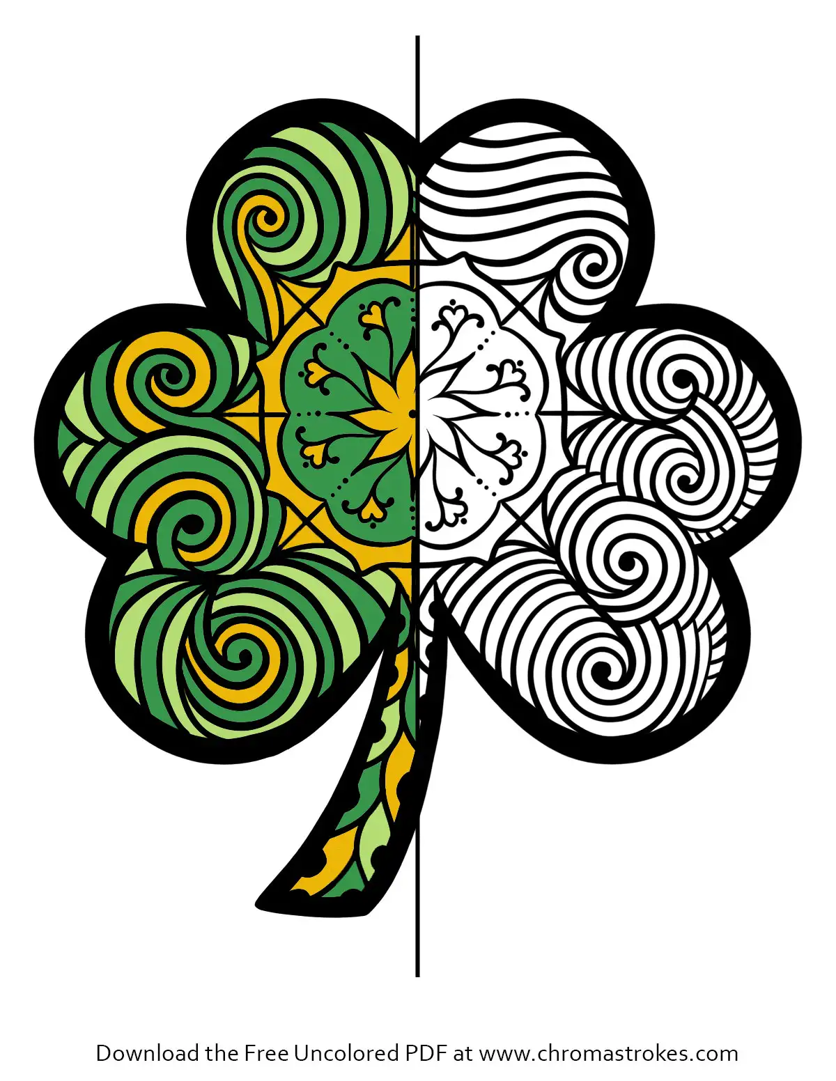 Shamrock mandala coloring page with swirling patterns, perfect for a St Patrick's Day mindful coloring activity.