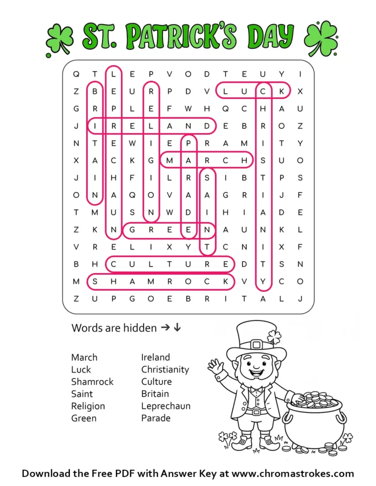 A free printable St. Patrick's Day word search puzzle featuring holiday vocabulary and a colorable leprechaun holding a pot of gold.