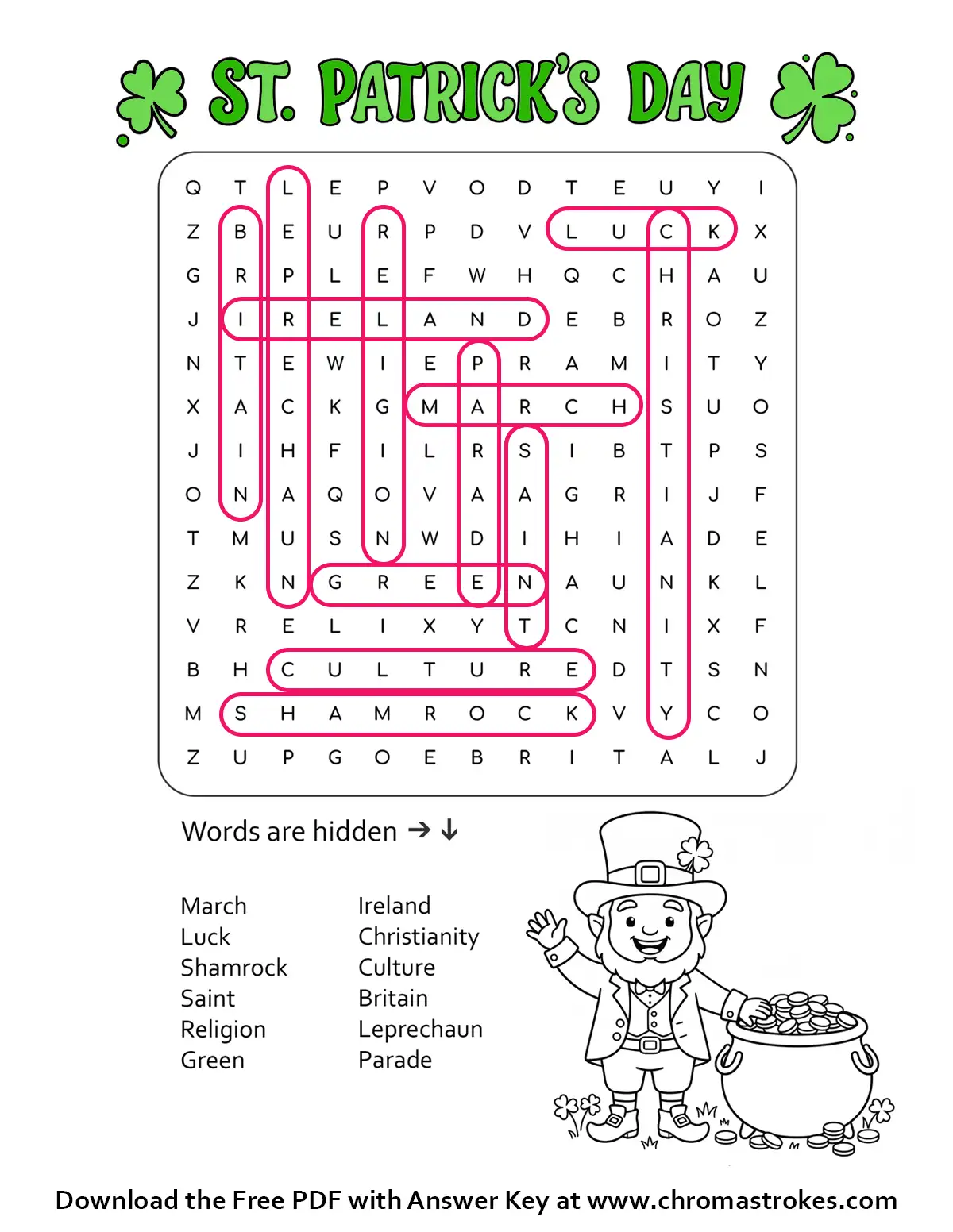 A free printable St. Patrick's Day word search puzzle featuring holiday vocabulary and a colorable leprechaun holding a pot of gold.
