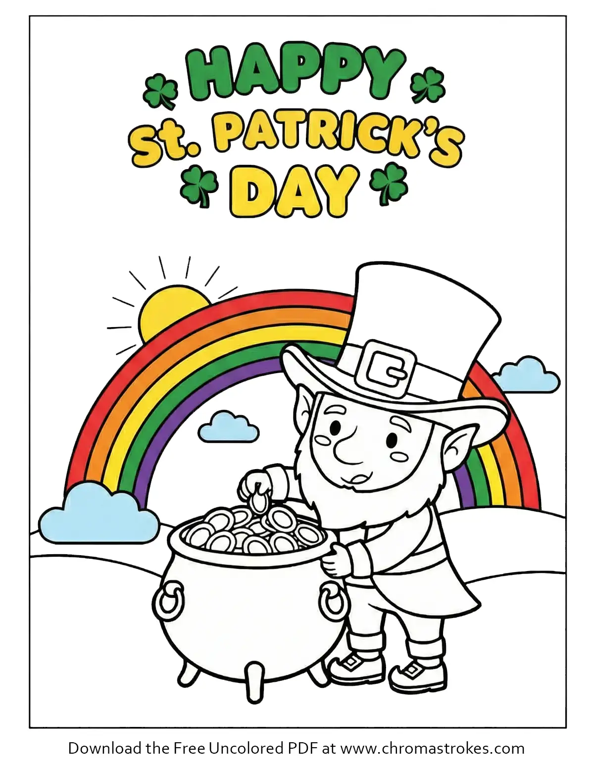St Patrick's Day coloring page with a leprechaun, pot of gold, and rainbow.