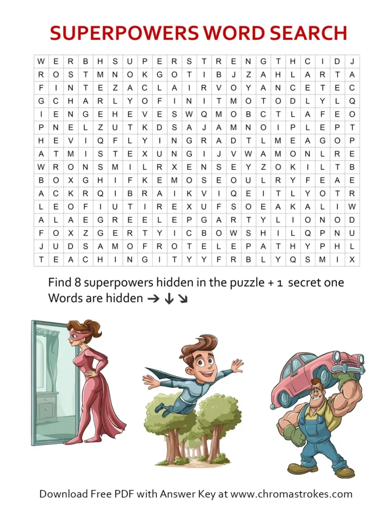 Superpowers hard wordsearch puzzle for kids