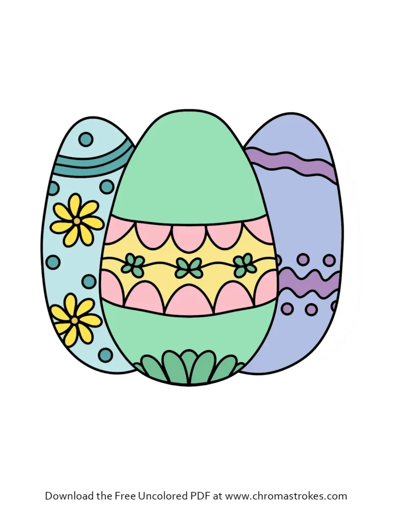 Three Easter eggs coloring page for kids. Black and white line art with flowers and patterns.