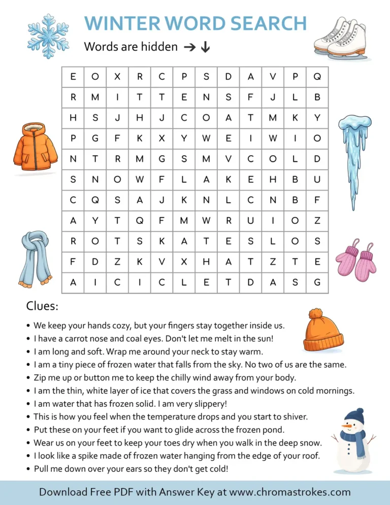Winter word search printable pdf shown next to illustrations of a snowman, ice skates, and winter clothing.