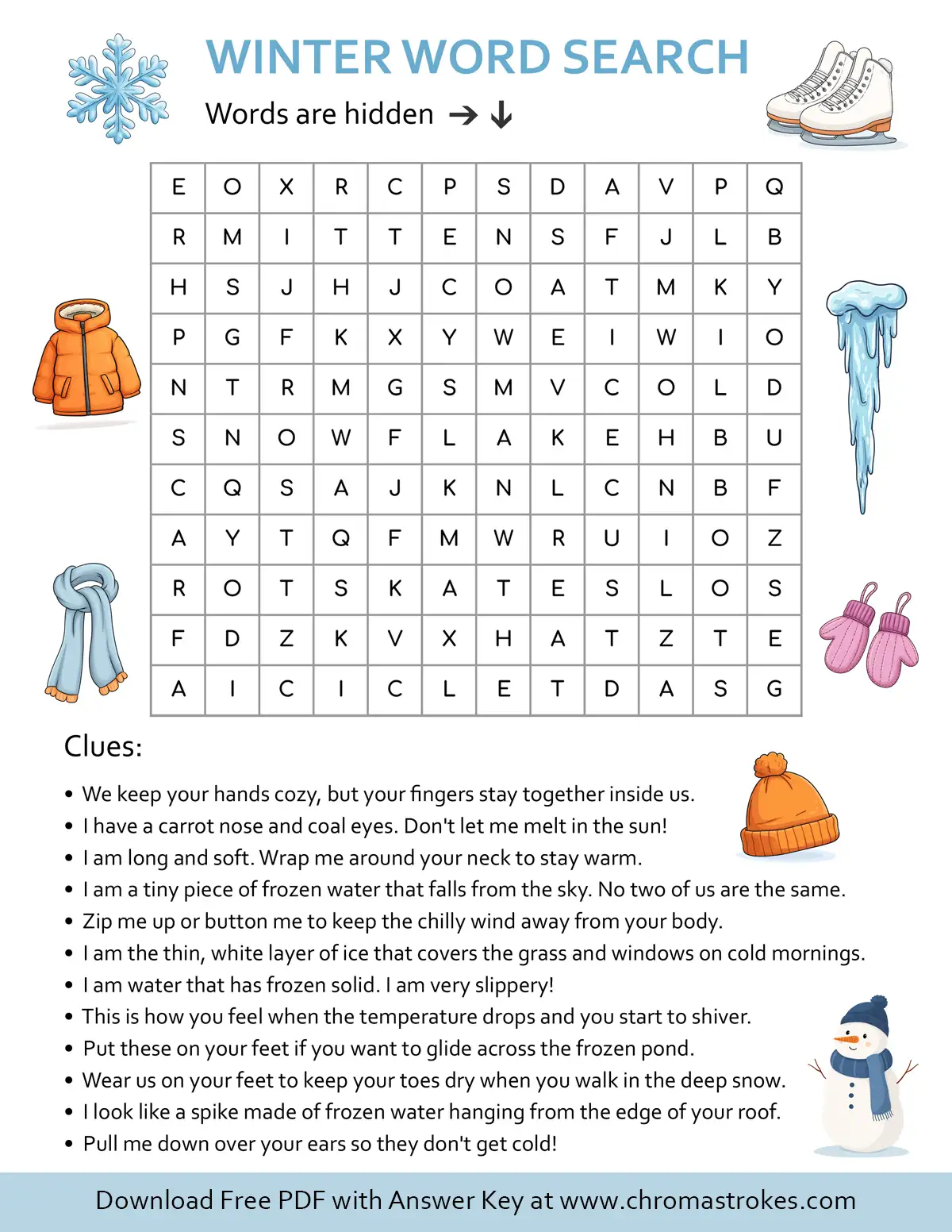 Winter word search printable pdf shown next to illustrations of a snowman, ice skates, and winter clothing.