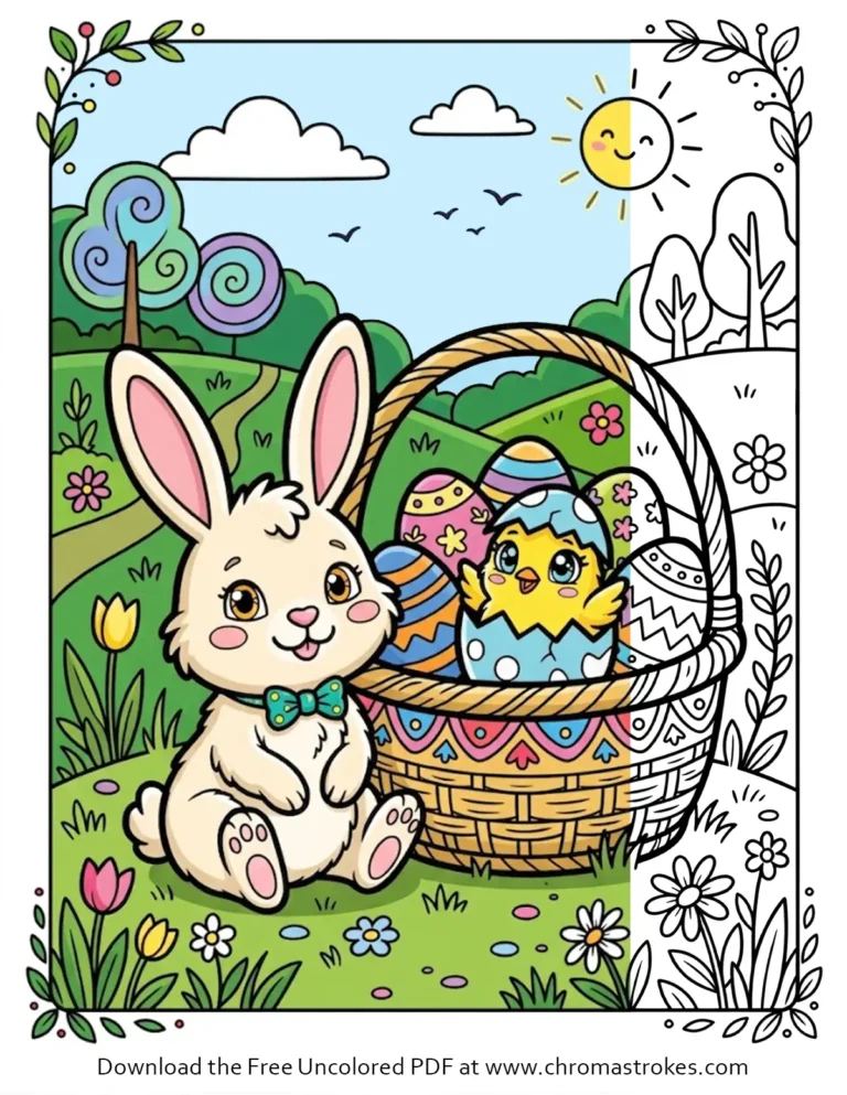 Cute Easter Bunny Coloring Page: a bunny with a bow tie, a basket of eggs, and a hatching chick in a sunny field.
