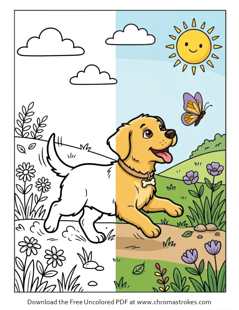 Labrador coloring page featuring a happy puppy running in a meadow with flowers, a butterfly, and a smiling sun.