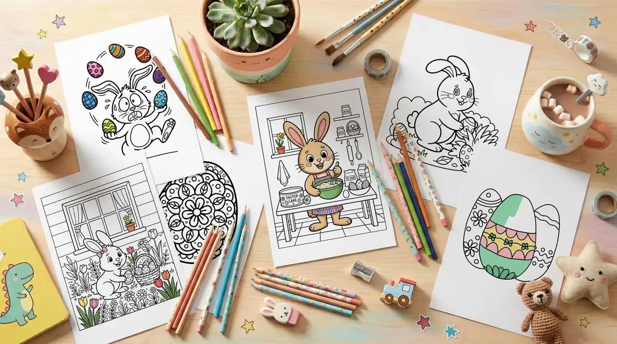 Horizontal collection of Easter coloring pages including bunnies and eggs.