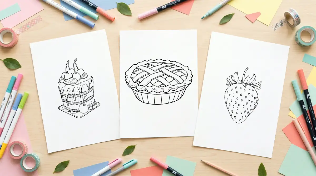 Three food coloring pages of a cake, pie, and strawberry on a wooden desk with colorful markers and tape.