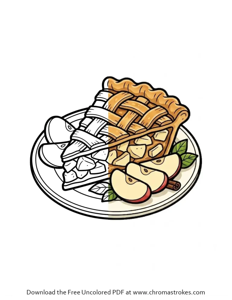 Line art of an apple pie coloring page showing a lattice slice on a plate with apple wedges and a cinnamon stick.
