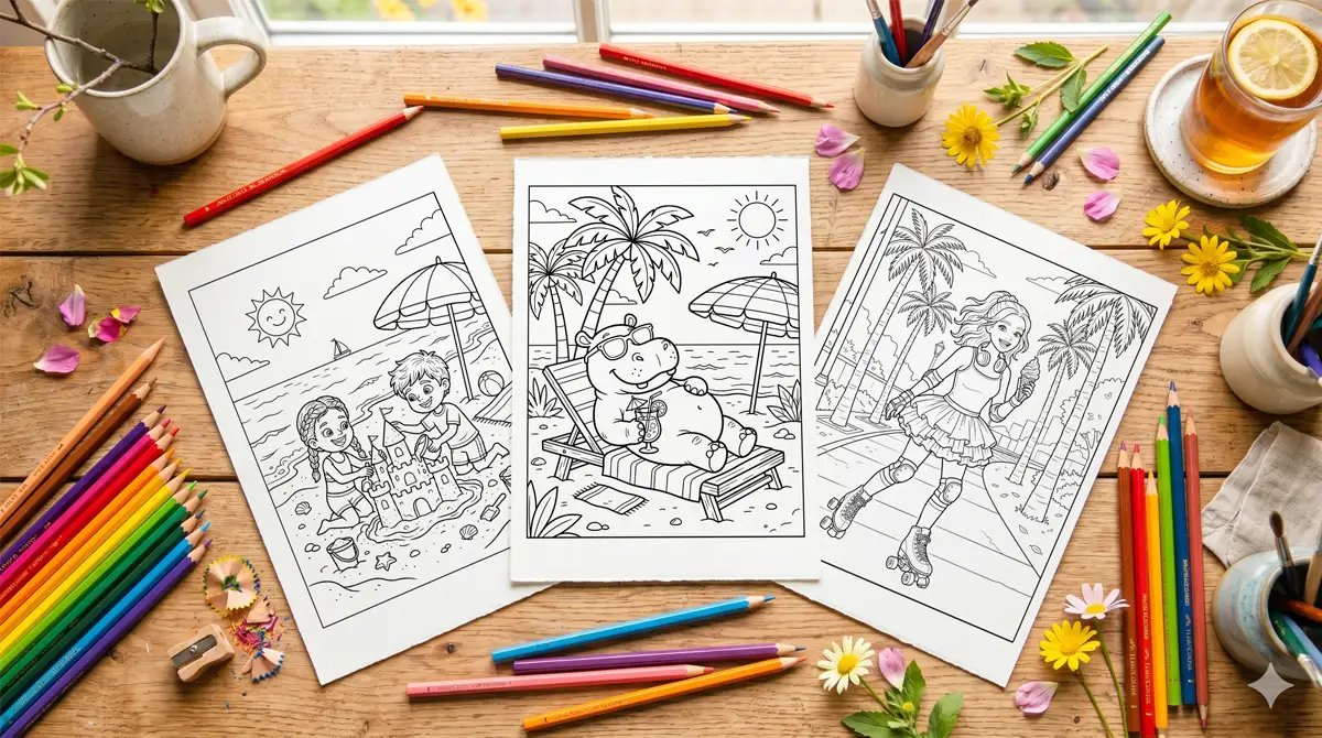 Three printable summer coloring pages on a wooden desk surrounded by scattered colored pencils and flowers.