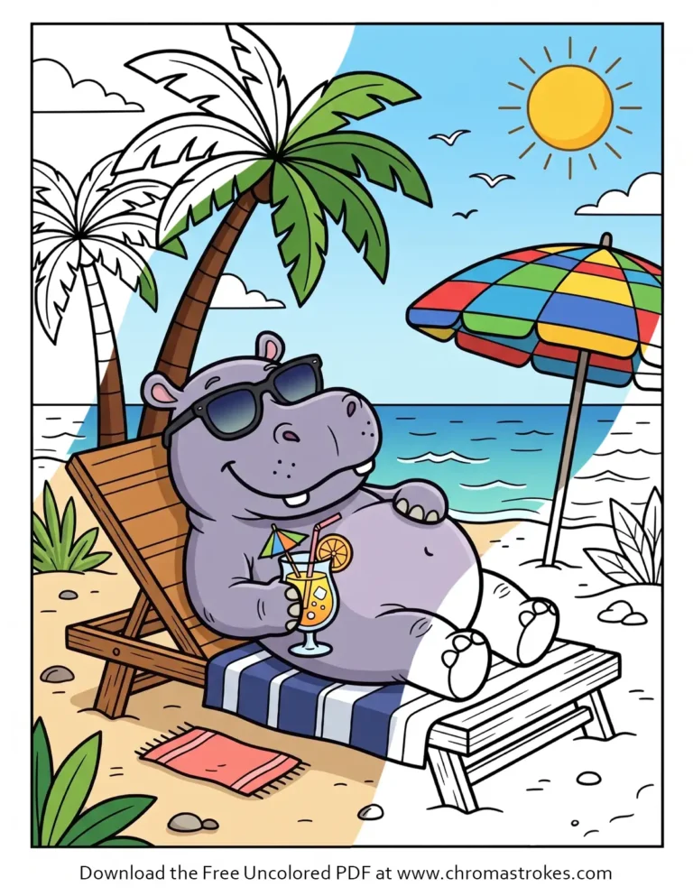 Fun hippo at the beach coloring page showing a cute hippopotamus in sunglasses relaxing on a sun lounger with a drink.