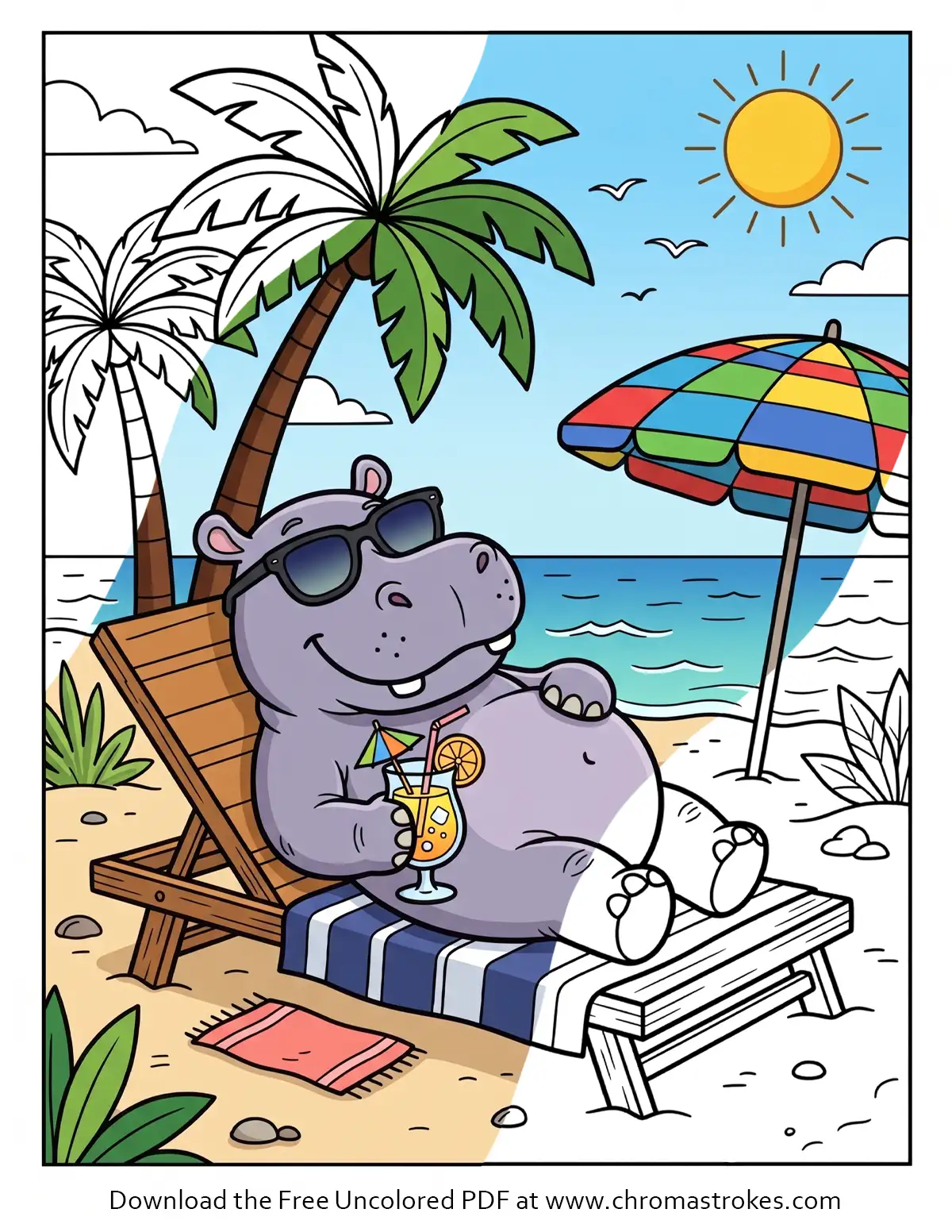 Relaxing Hippo on the Beach Coloring Page