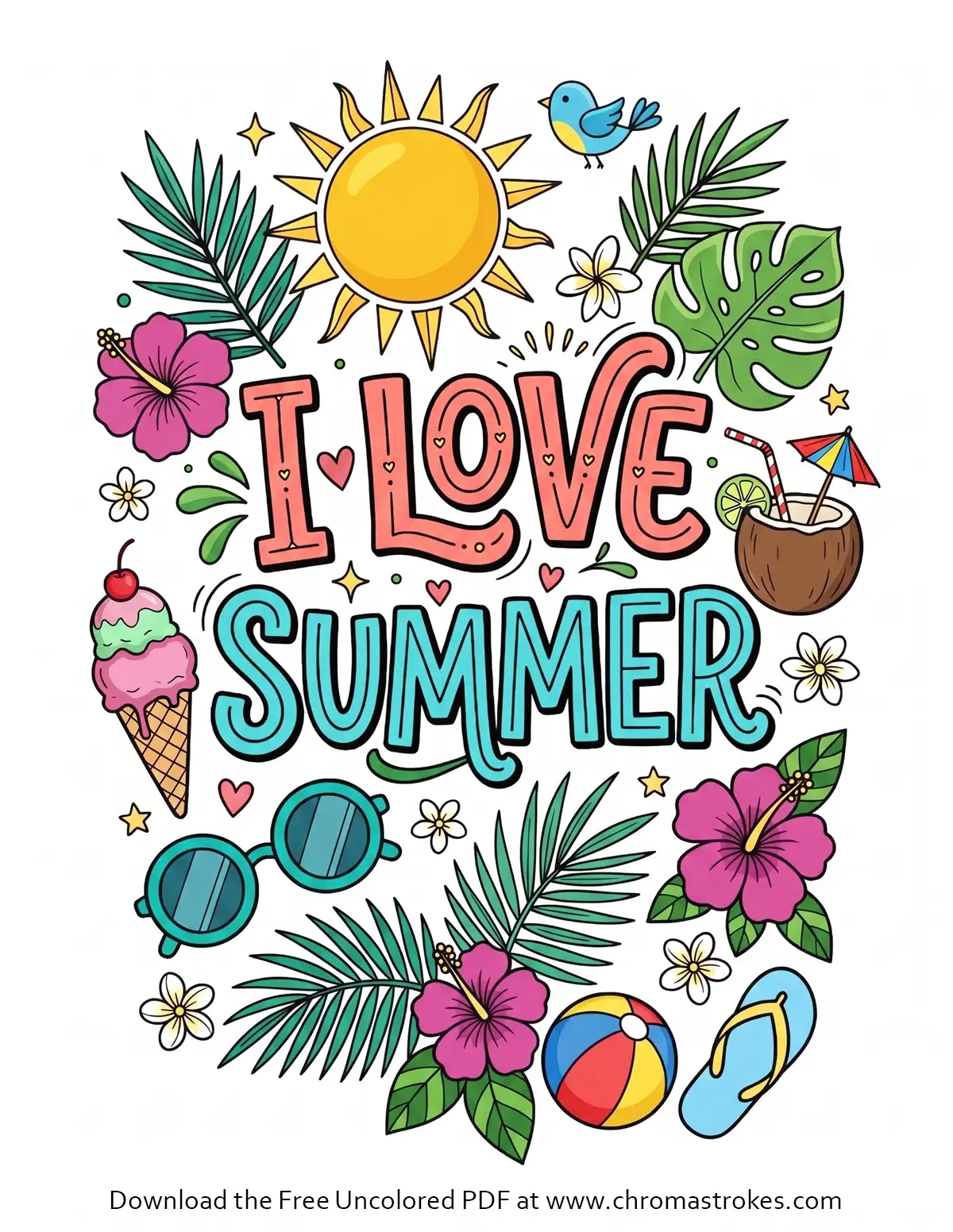 I Love Summer Coloring Page