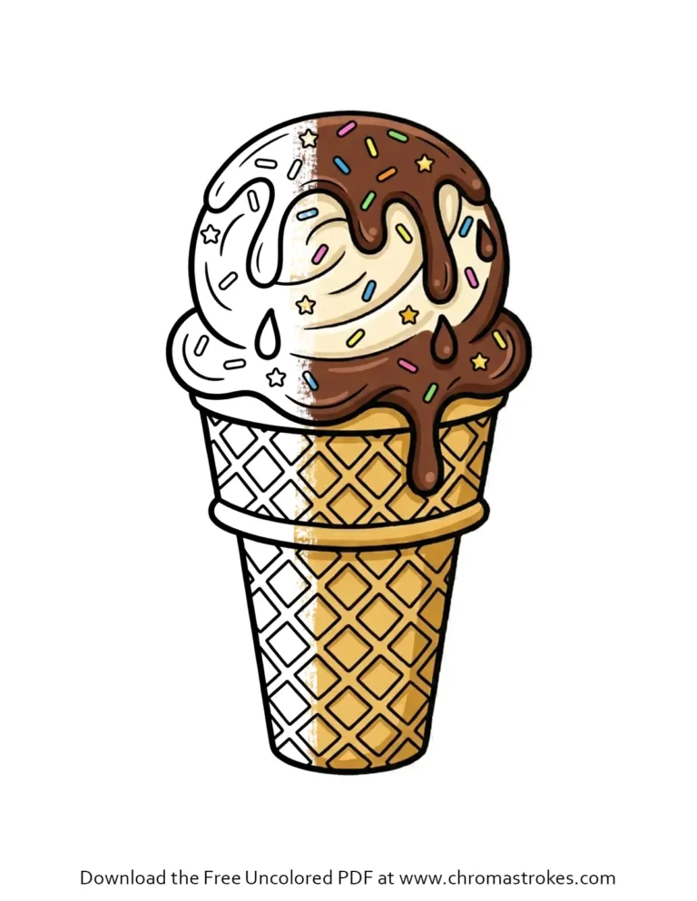 Ice cream coloring page featuring a single scoop with syrup drips, stars, and sprinkles.