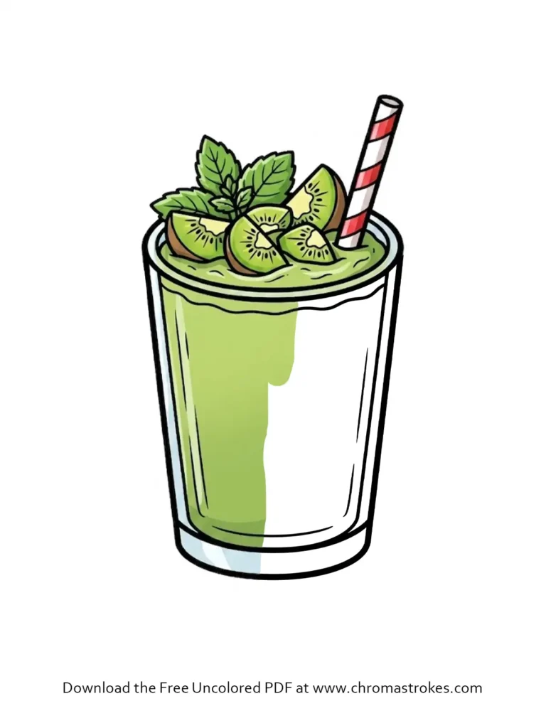 Kiwi smoothie coloring page with a glass, striped straw, kiwi slices, and mint garnish.