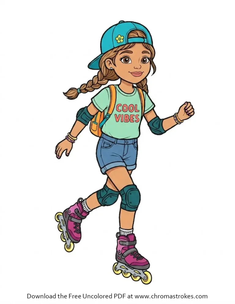 Summer coloring page of a girl rollerblading in safety gear and a cool vibes T-shirt.