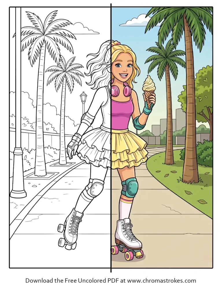 Girl roller skating with ice cream under palm trees in this fun summer coloring page.