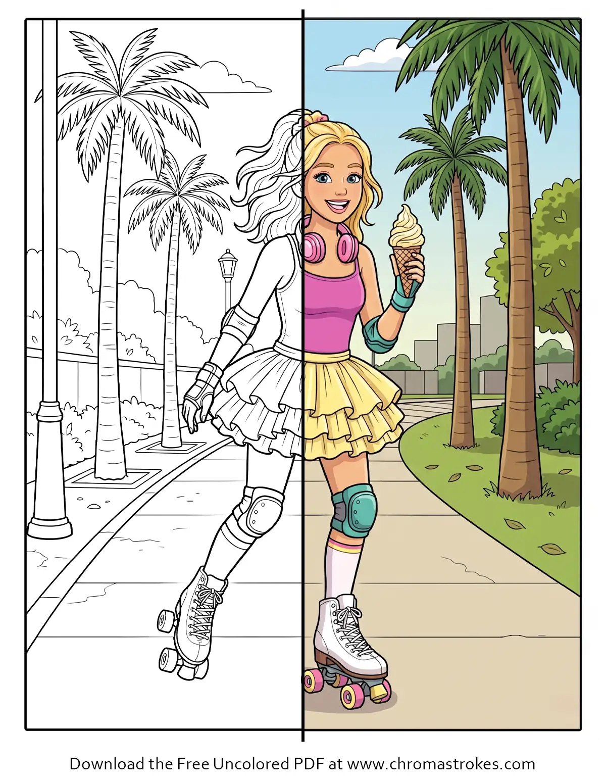 Girl Roller Skating – Summer Coloring Page