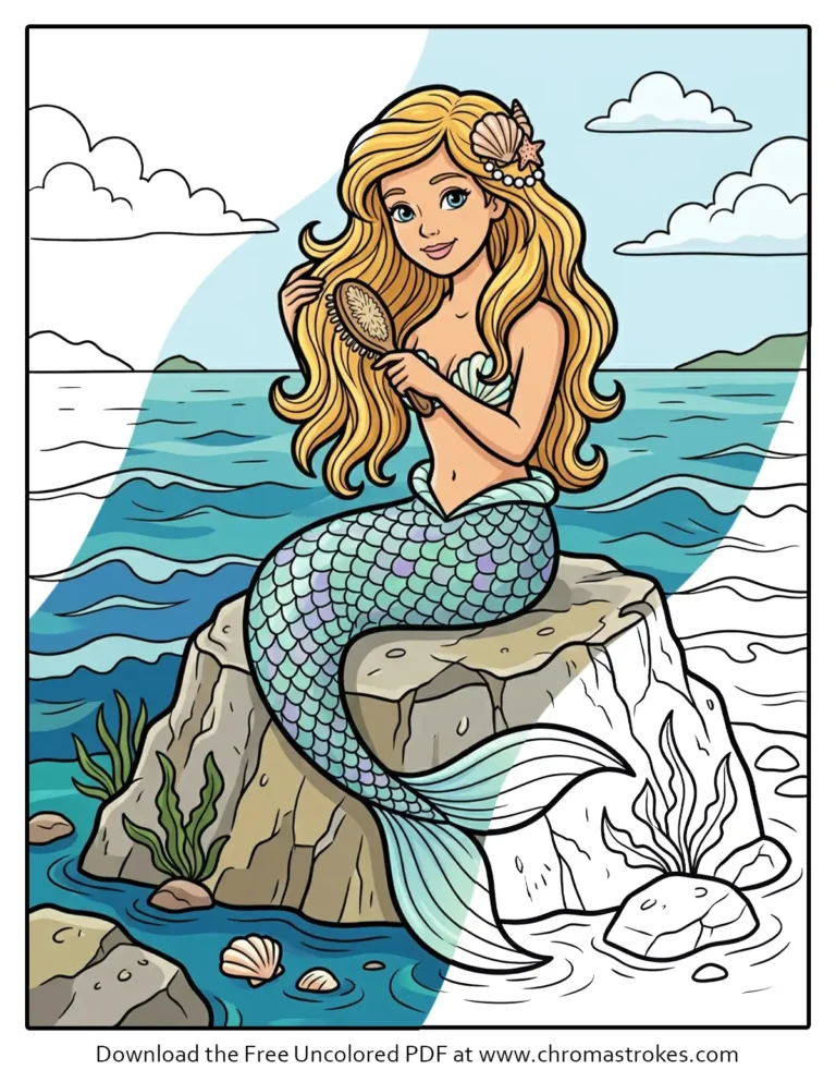 Beautiful mermaid coloring page showing a mermaid sitting on a rock brushing her hair.