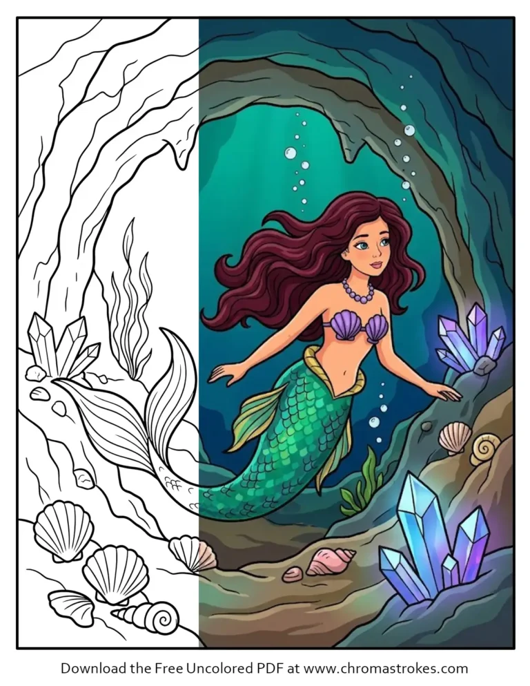 Beautiful mermaid coloring page featuring an underwater cave with crystals and shells.