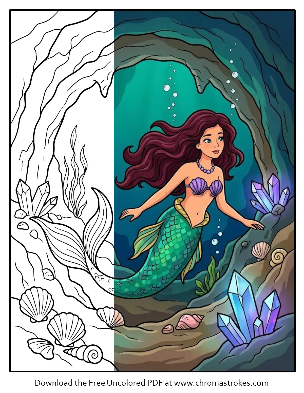 Crystal Cave – Mermaid Coloring Page