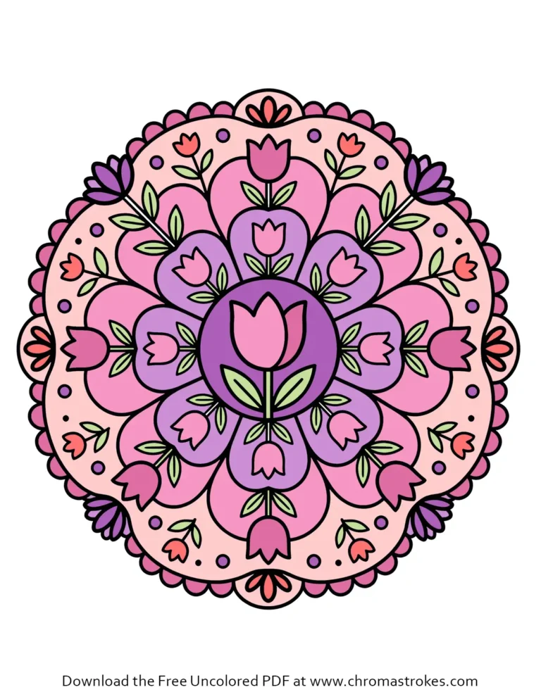 Printable tulip mandala coloring page with symmetrical floral patterns and a scalloped border.